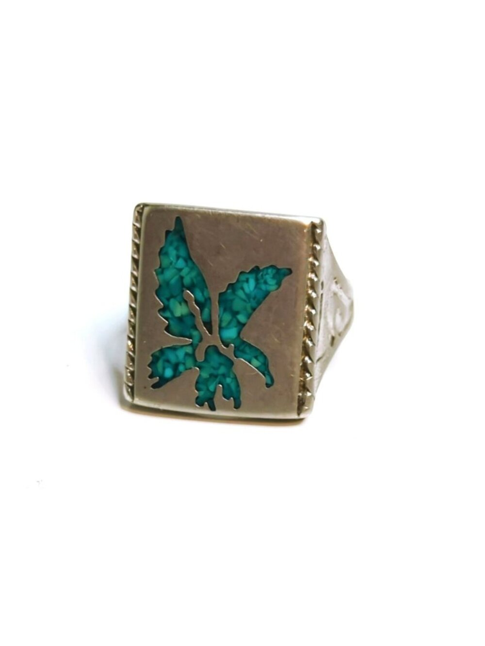 Vintage Southwestern Nickel Ring With Turquoise Inlay Eagle Design Mens Size 8.5